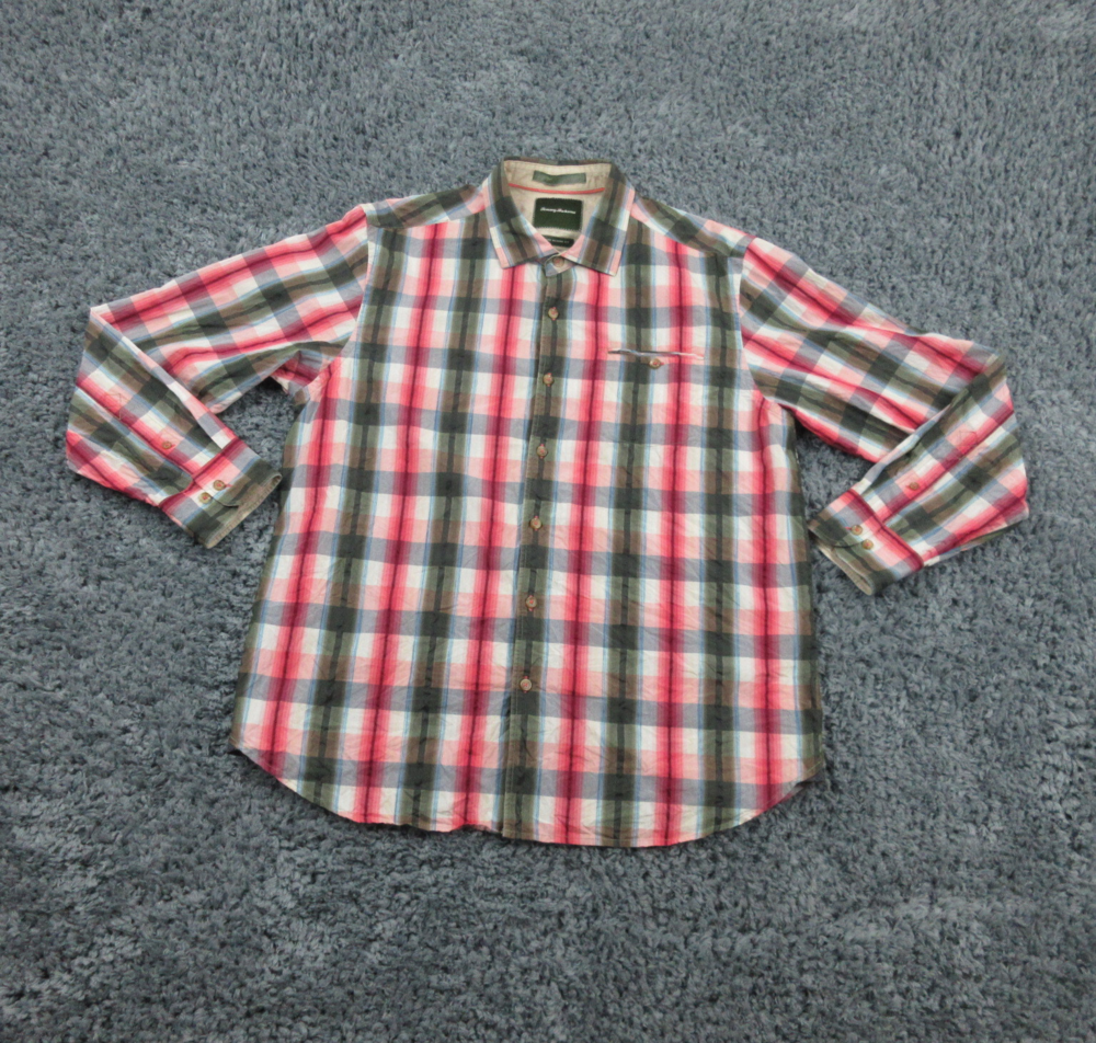 Tommy Bahama Shirt Mens Large Red Green Plaid Long Sleeve Button Up